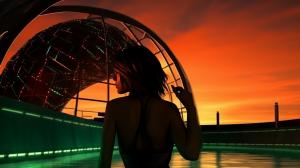 Back arching, bikini, pool, brunette, cyberpunk, sunset, red, orange, green
