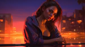 Leather, fitted, neon, pool, city, brunette, girl, sunset, crouching, red, orange, purple, green, 
