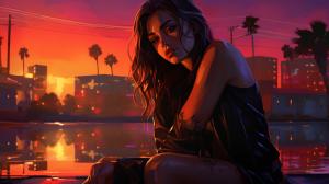 Leather, fitted, neon, pool, city, brunette, girl, sunset, crouching, red, orange, purple, green, 
