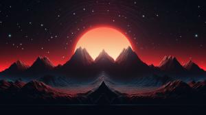 neon sun rising for two neon mountains 
