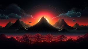 neon sun rising for two neon mountains 
