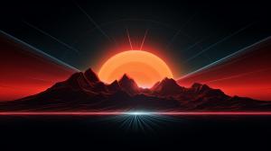 neon sun rising for two neon mountains 
