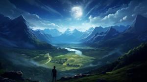valley surrounded with mountain and a man seeing stars all alone