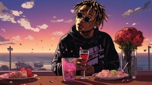 Animated Juice wrld with a cup of lean