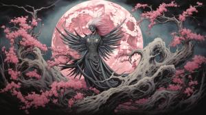 Sakura in the moonlight with a cerise-winged reaper