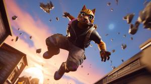 fortnite skins backflipping over a cat being shot at them

