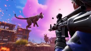 fortnite skins backflipping over a cat being shot at them

