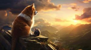 A cat looking into the mountains with a dog on top.
