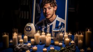 Mourning for Kay Bernstein with a Picture of him and the Hertha BSC logo with candles. In a sad atmosphere, with beautiful shadows, with dark colors in almost black and white. With the reference to football and the east curve of Hertha BSC. Breathtakingly presented.