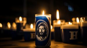 Mourning for Kay Bernstein with a Picture of him and the Hertha BSC logo with candles. In a sad atmosphere, with beautiful shadows, with dark colors in almost black and white. With the reference to football and the east curve of Hertha BSC. Breathtakingly presented.