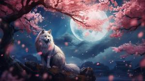 Sakura in the moonlight with a male kitsune