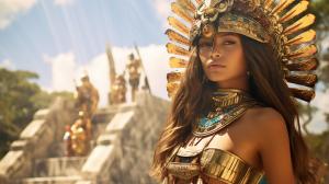 Zendaya as an Aztec warrior atop chichen itza