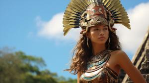 Zendaya as an Aztec warrior atop chichen itza