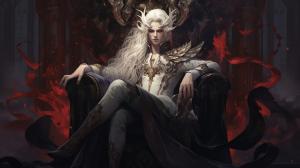 A demon king, he is a 30 year old man. He is cruel, sadistic, powerful. He has long white hair, red eyes, long black horns. No beard, no facial hair. He is seated on a magnificent throne, wicked yet beautiful. He is inside an opulent room with marble floors, marble walls, and gold decorations.