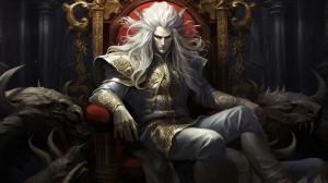 A demon king, he is a 30 year old man. He is cruel, sadistic, powerful. He has long white hair, red eyes, long black horns. No beard, no facial hair. He is seated on a magnificent throne, wicked yet beautiful. He is inside an opulent room with marble floors, marble walls, and gold decorations.