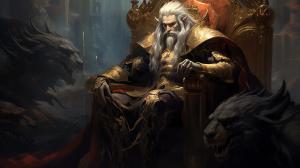 A demon king, he is a 30 year old man. He is cruel, sadistic, powerful. He has long white hair, red eyes, long black horns. No beard, no facial hair. He is seated on a magnificent throne, wicked yet beautiful. He is inside an opulent room with marble floors, marble walls, and gold decorations.