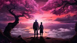 Jujutsu kaisen Gojo Satoru and Getou Suguru, with a beautiful background of blossom trees and a purple sunset