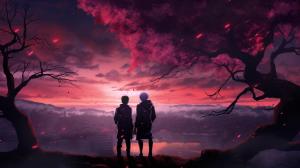 Jujutsu kaisen Gojo Satoru and Getou Suguru, with a beautiful background of blossom trees and a purple sunset