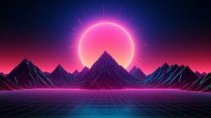 neon pink and green sun rising from two neon blue mountains with neon bright background 
8k image