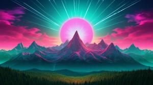 neon pink and green sun rising from two neon blue mountains with neon bright background 
8k image