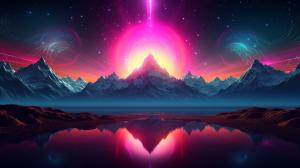 neon pink and green sun rising from two neon blue mountains with neon bright background 
8k image