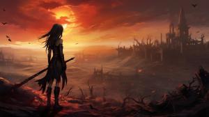 anime, Akame sad hugging her blade in a vast burned landscape with broken castel