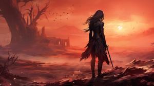 anime, Akame sad hugging her blade in a vast burned landscape with broken castel