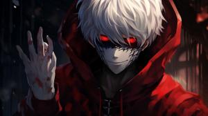 Ken kaneki with white hair and mask on with black eye and red iris kracking his finger
