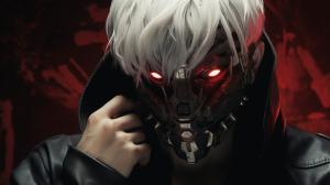 Ken kaneki with white hair and mask on with black eye and red iris kracking his finger
