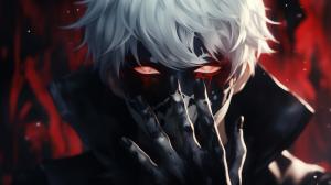 Ken kaneki with white hair and mask on with black eye and red iris kracking his finger
