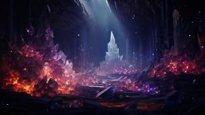 Millions of sparkling crystals inside a dark snowy cave at night, highly detailed, very colorful, beautiful 