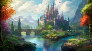 A forest with millions of shining stones and a river, with a enchanted castle in the background, with a green sky. 