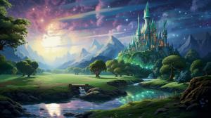 A forest with millions of shining stones and a river, with a enchanted castle in the background, with a green sky. 