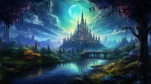 A forest with millions of shining stones and a river, with a enchanted castle in the background, with a green sky. 