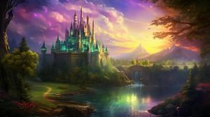 A forest with millions of shining stones and a river, with a enchanted castle in the background, with a green sky. 