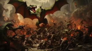 Goblin army fighting dragon