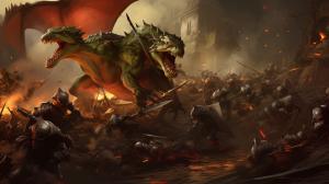 Goblin army fighting dragon