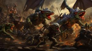 Goblin army fighting dragon