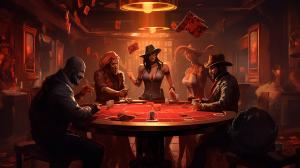 Poker game in a saloon in hell while it freezes over with jager from tom clancy's rainbow six siege while beastboy burst's through the wall with black beard riding on his back and with wesker from hazbin hotel as the bartender getting drunk serving drinks and playing poker while angel dust pole dances
