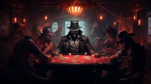 Poker game in a saloon in hell while it freezes over with jager from tom clancy's rainbow six siege while beastboy burst's through the wall with black beard riding on his back and with wesker from hazbin hotel as the bartender getting drunk serving drinks and playing poker while angel dust pole dances
