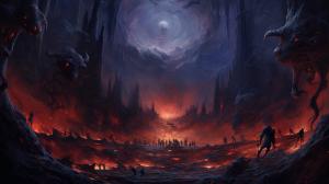 A massive hole in the earth with thousands of  demons coming out of it, with blue flames in the background, highly detailed, at night