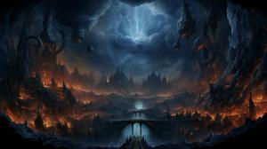 A massive hole in the earth with thousands of  demons coming out of it, with blue flames in the background, highly detailed, at night