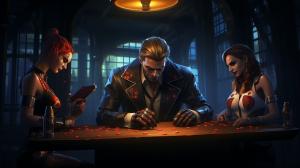 Joker bruce Wayne harley quinn and poison ivy setting at a table having a mafia meeting with flash Gordon serving drink while v from Cyberpunk 2077 walks through the door wearing a pinstripe suit
