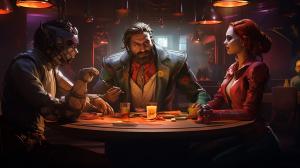 Joker bruce Wayne harley quinn and poison ivy setting at a table having a mafia meeting with flash Gordon serving drink while v from Cyberpunk 2077 walks through the door wearing a pinstripe suit
