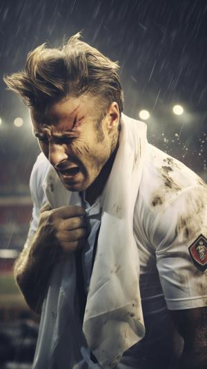 Football player david beckham crying and devasteated in a football soccer stadium
