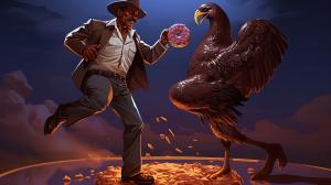 Walking chocolate chicken sheriff eating donut diped girl during salsa night
