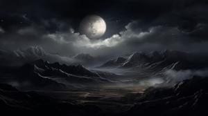 All black landscape with mountains and moonlight
