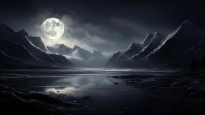 All black landscape with mountains and moonlight
