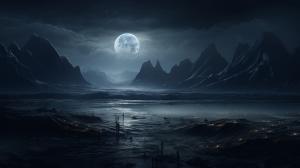 All black landscape with mountains and moonlight
