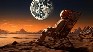 Sc-fi astronaut relaxing on cosmic shore line 